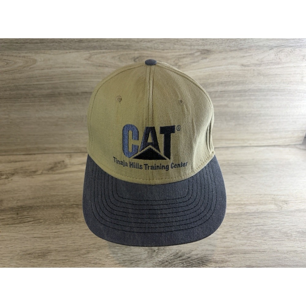 Vintage 90s CAT Tinaja Hills Training Center Hat Tan Blue Strapback USA Made Cap